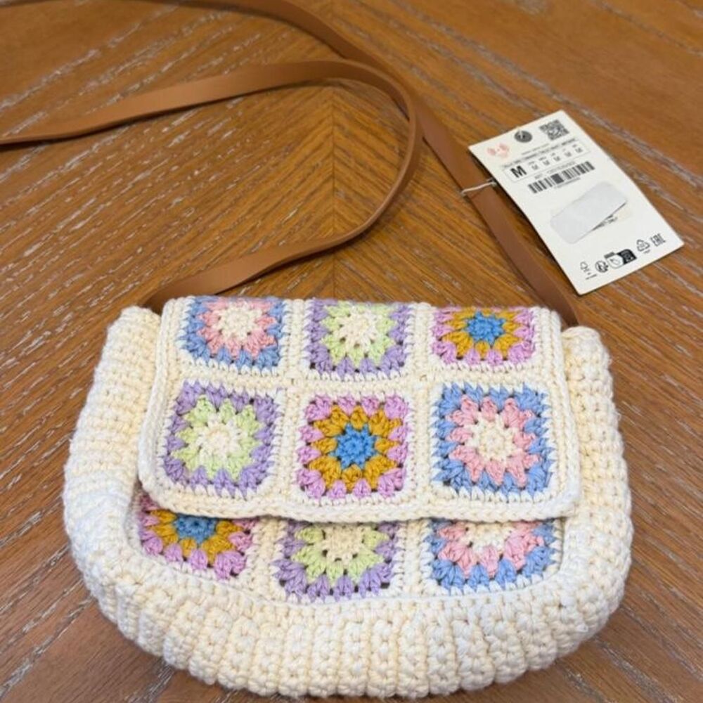 NWT Zara Crochet Crossbody Bag with Multicolored Granny Square Pattern
